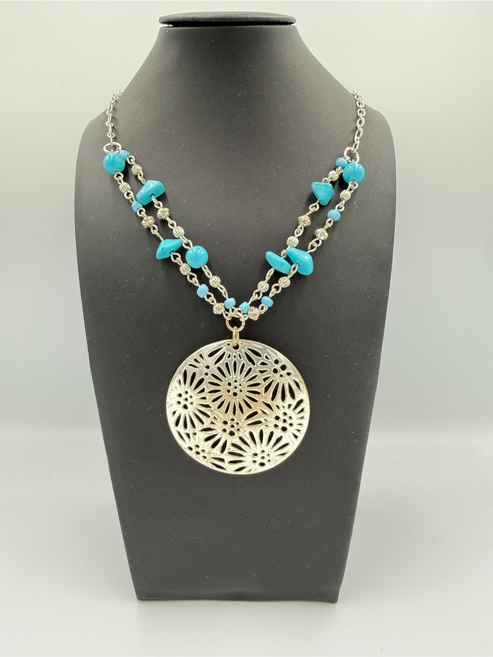 Turquoise Bead Necklace with Silver Filigree Medallion
